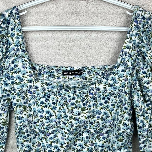 Cottagecore Floral Ruched Top Ditzy Print Puff Sleeve Large Square Neckline - Picture 2 of 15